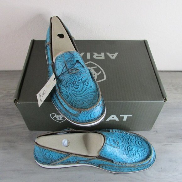 Ariat Women's Cruiser Boat Slip On Loafer Shoe Brushed Turquoise Floral Emboss - Picture 2 of 4